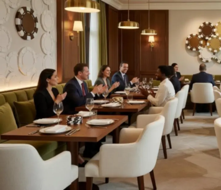 Svetlý elegantný interiér reštaurácie Neexavento s noblesným stolovaním a pokerovou estetikou