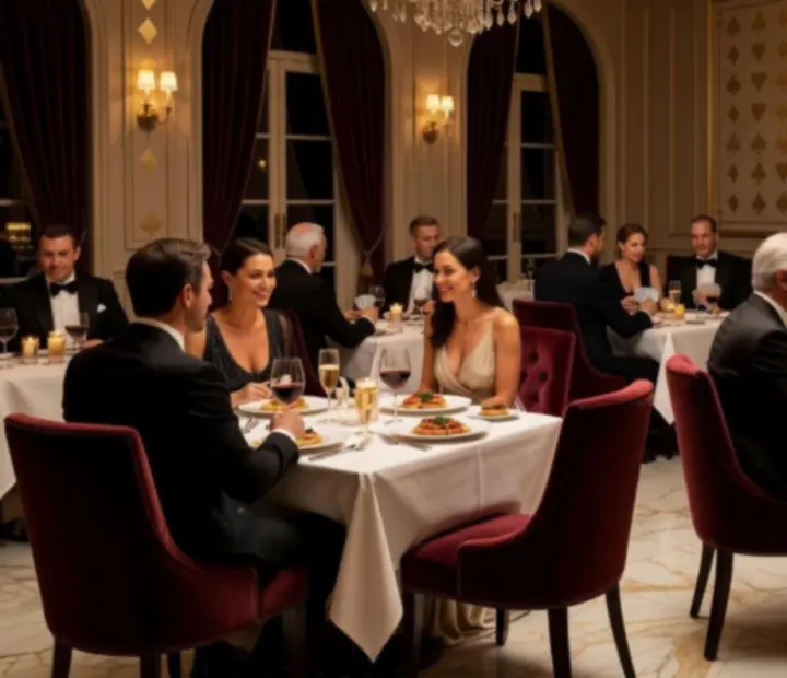 Svetlý luxusný interiér reštaurácie s pokerovými stolmi a hosťami počas večera