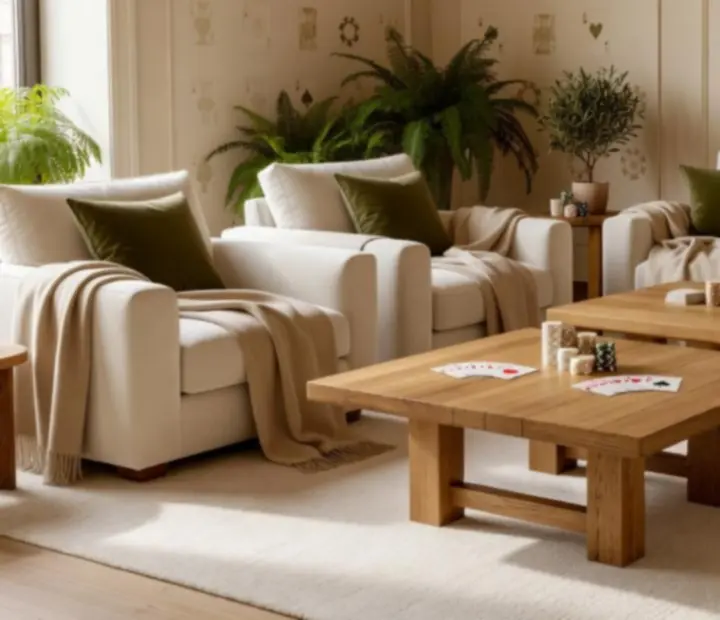 Detail elegantného sedenia a stolov v Neexavento Lounge s jemnými pokerovými motívmi