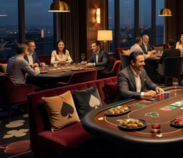 Elegantný pokerový večer s hosťami pri kartovom stole v prostredí Neexavento