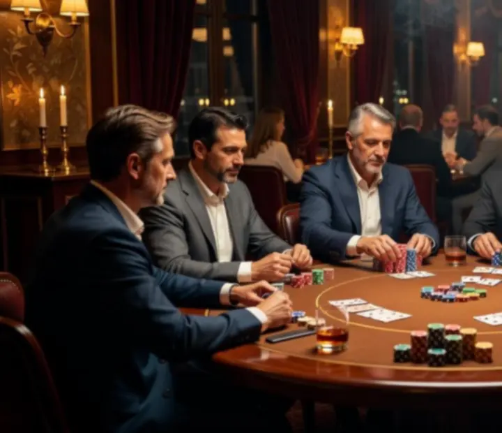 Večerné pokerové podujatie s elegantne oblečenými hosťami pri stole