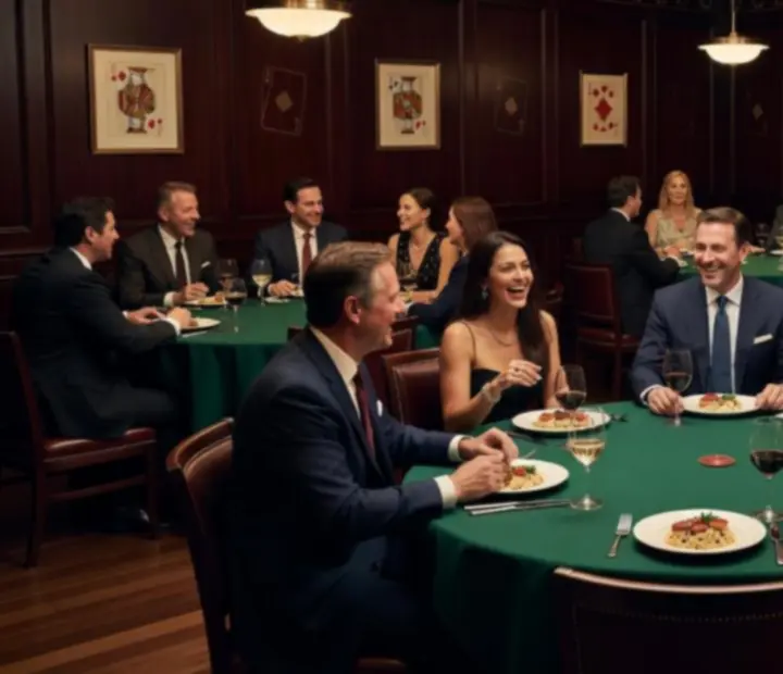 Koláž záberov z gurmánskeho stolovania a pokerových večerov v elegantnom prostredí
