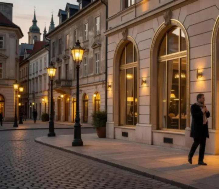 Večerný exteriér prémiového poker restaurantu Neexavento v Starom Meste v Bratislave
