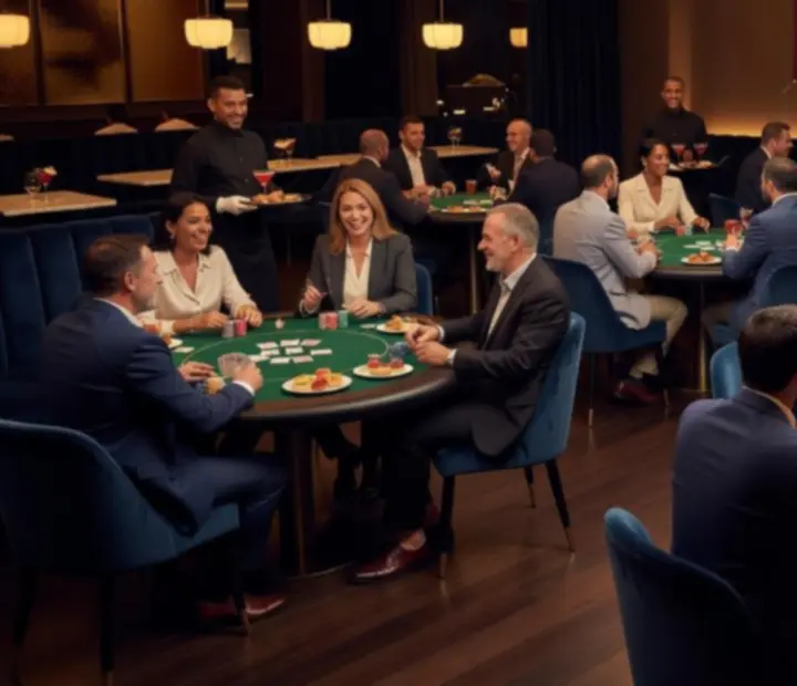 Skupina hostí pri pokerovom stole počas spoločenského večera